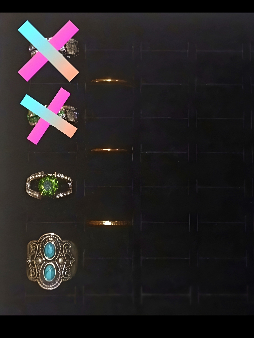 5 Silver-Tone & Gold-Tone Rings. Emerald Green & Turquoise Blue Stones. Size 10.